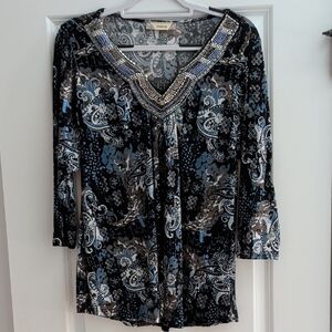 Elegant Delaine Black and Blue Paisley Embellished Blouse